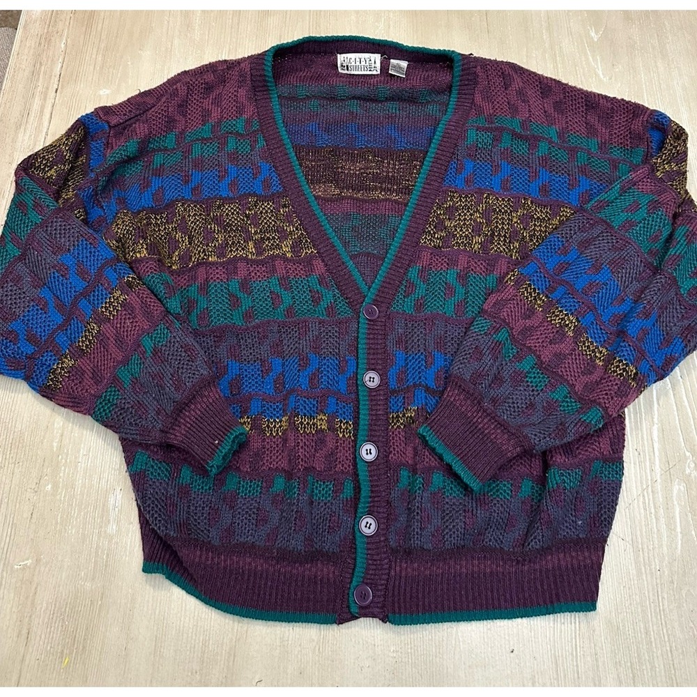 City Streets Cardigan Sweater Mens XL Purple Grandpa Ski Dad Vintage 80s j156